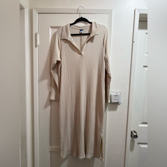 Cream Long Sleeve Ribbed Dress - Picture 2 of 2